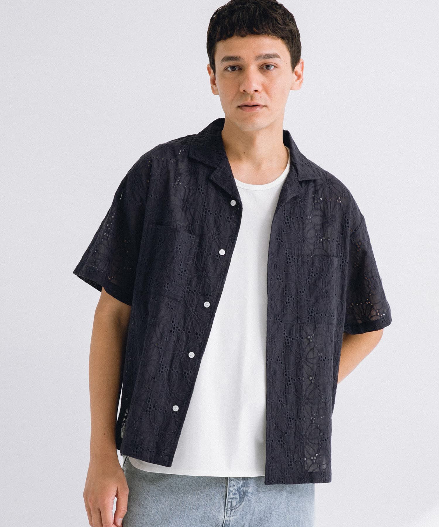 Sonny Label 「レース刺繍ショートスリーブシャツ」|シャツ・ブラウス|ネイビー