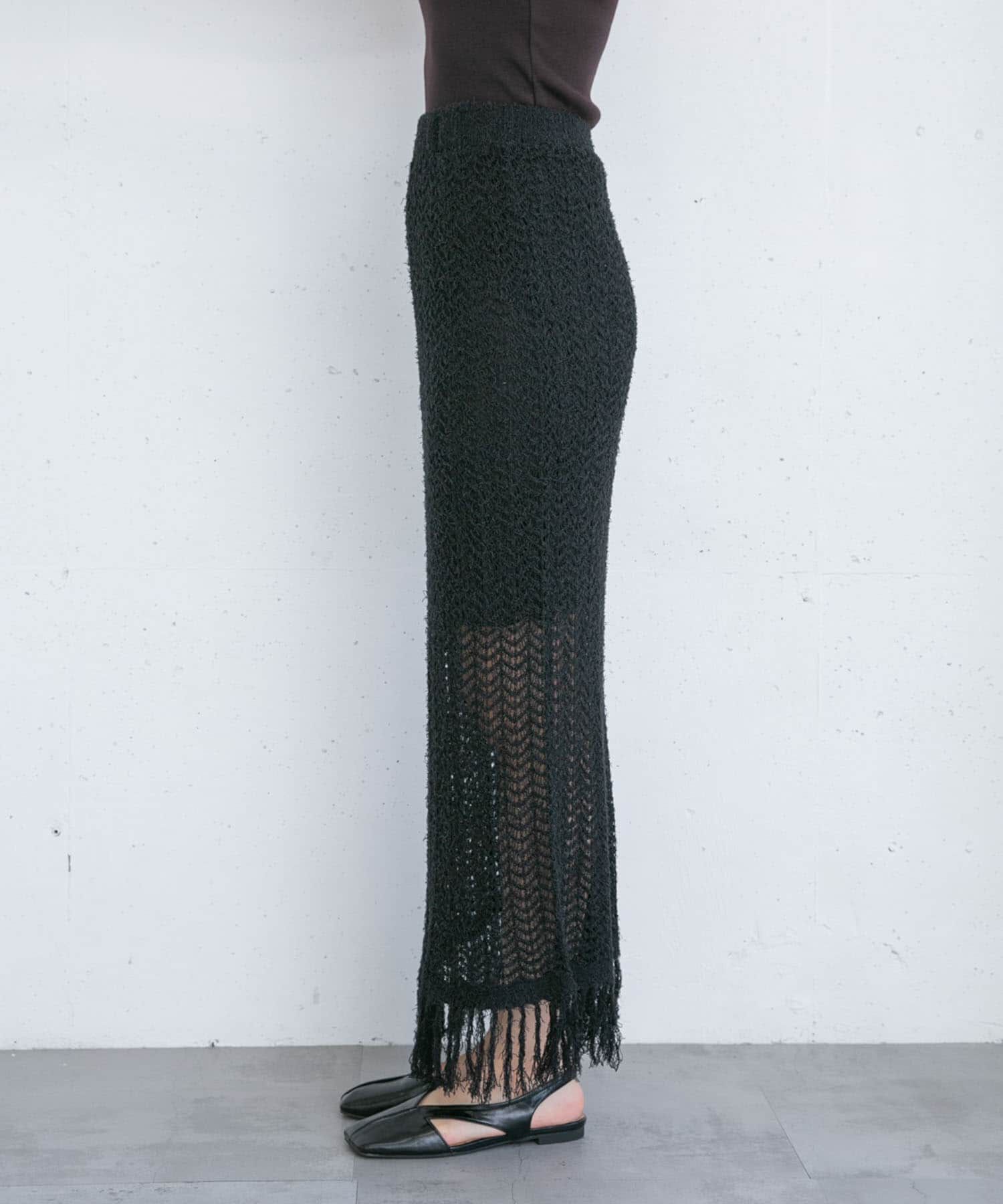  「フリンジ透かし編みニットスカート」|スカート|