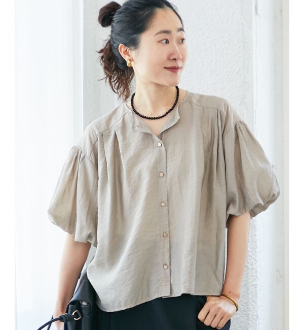  「《手洗い可能》サテンノーカラーバルーンブラウス」|シャツ・ブラウス|ベージュ