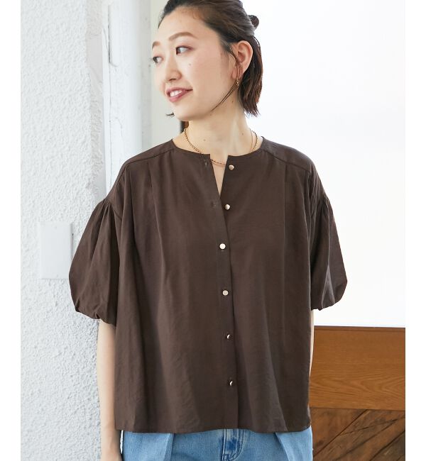  「《手洗い可能》サテンノーカラーバルーンブラウス」|シャツ・ブラウス|