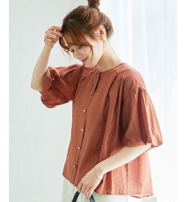  「《手洗い可能》サテンノーカラーバルーンブラウス」|シャツ・ブラウス|