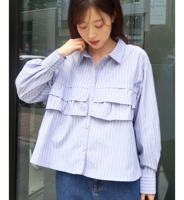  「《WEB・一部店舗限定》AL ストライプフロントフリルブラウス」|シャツ・ブラウス|ネイビー柄