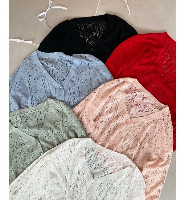 MAJESTICLEGON「リボン透かし編みカーディガン」|カーディガン|アイボリー