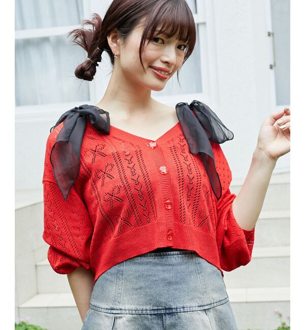 MAJESTICLEGON「リボン透かし編みカーディガン」|カーディガン|