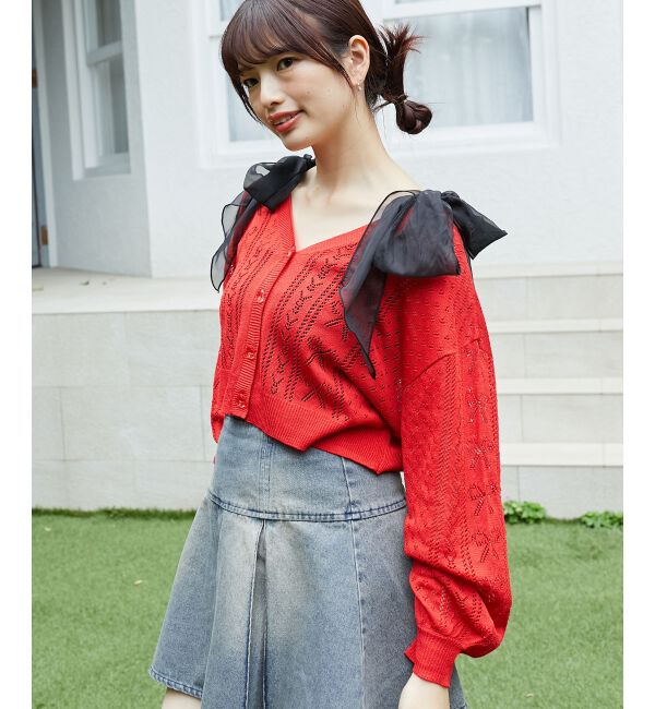MAJESTICLEGON「リボン透かし編みカーディガン」|カーディガン|