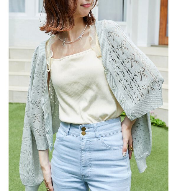 MAJESTICLEGON「リボン透かし編みカーディガン」|カーディガン|グリーン