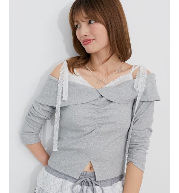  「肩リボンレースドッキングトップス」|Tシャツ・カットソー|