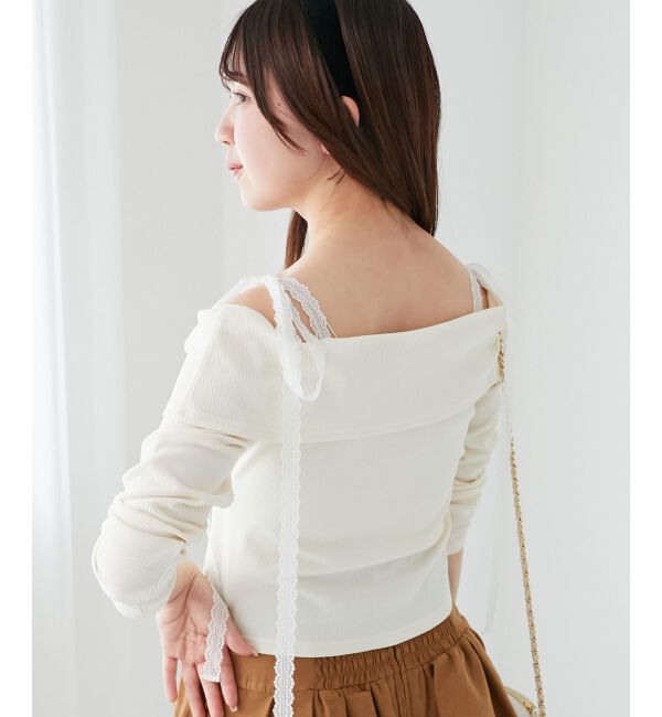  「肩リボンレースドッキングトップス」|Tシャツ・カットソー|
