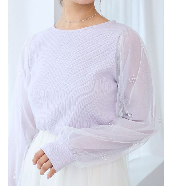  「パールチュールスリーブ長袖トップス」|Tシャツ・カットソー|
