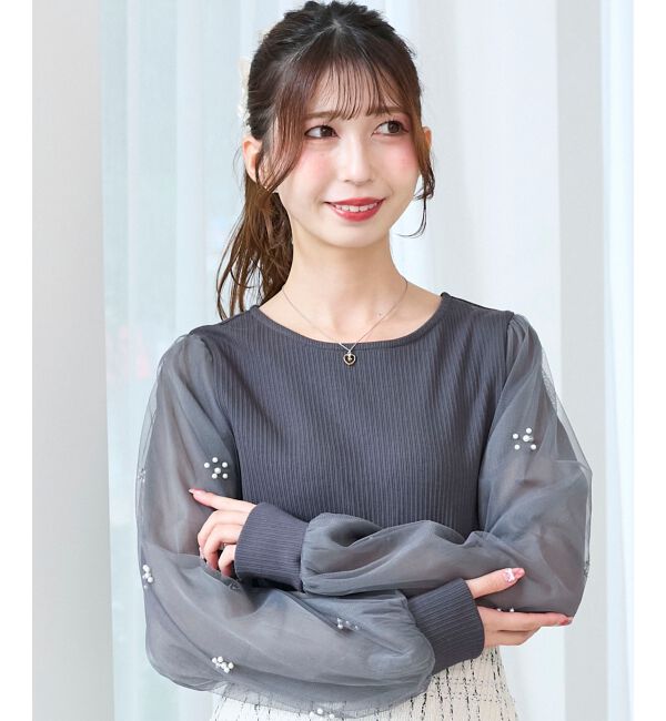  「パールチュールスリーブ長袖トップス」|Tシャツ・カットソー|