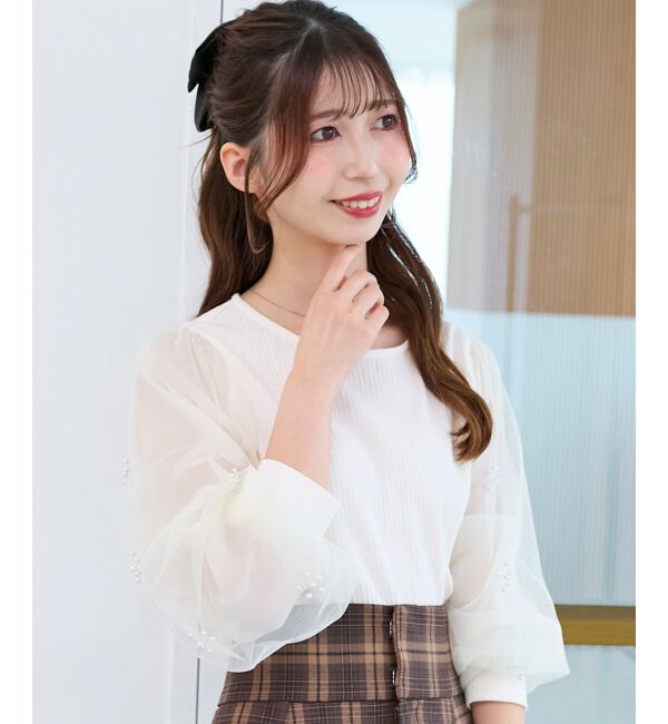  「パールチュールスリーブ長袖トップス」|Tシャツ・カットソー|