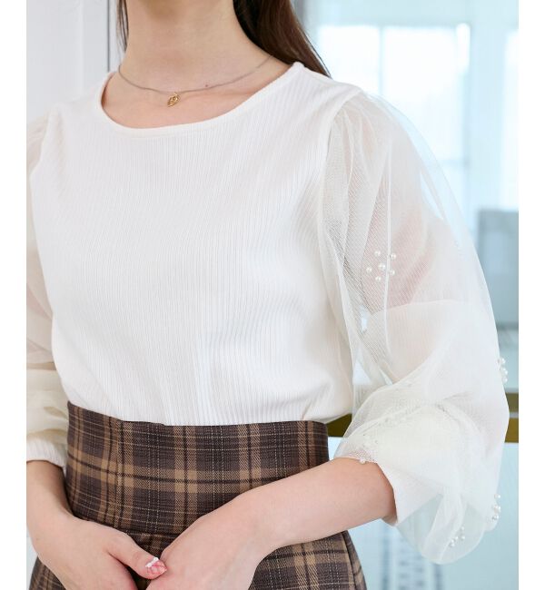 「パールチュールスリーブ長袖トップス」|Tシャツ・カットソー|