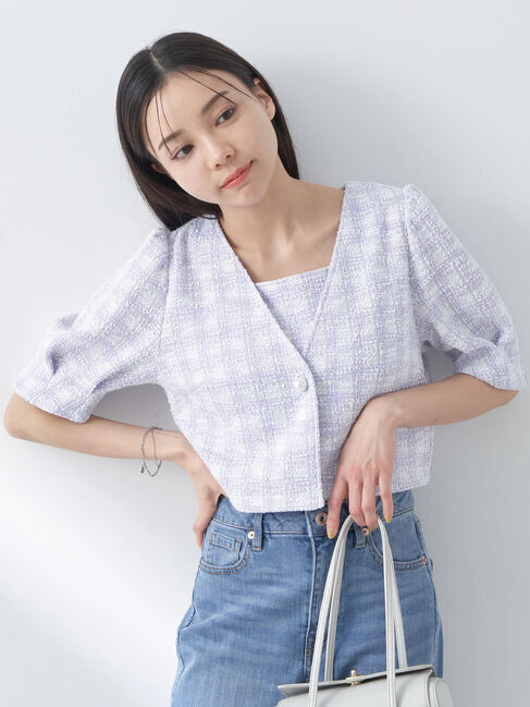 earth music&ecology「SET2点　カットソーツィードアンサンブル」|カーディガン|Light Purple