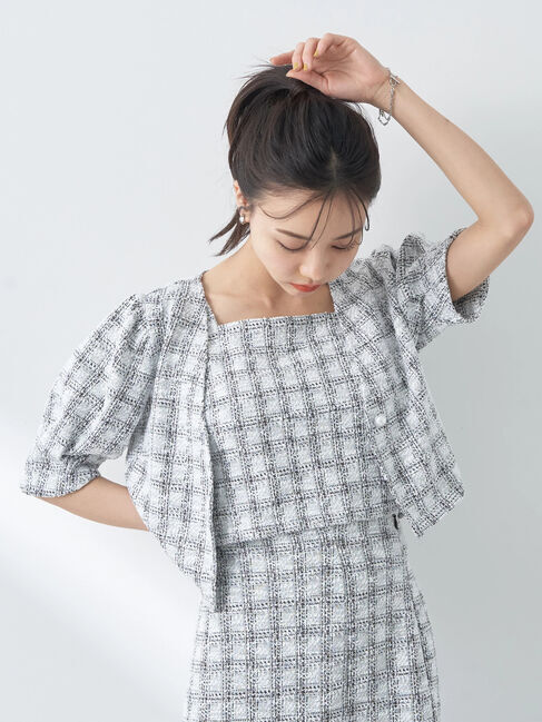 earth music&ecology「SET2点　カットソーツィードアンサンブル」|カーディガン|チェックブラック