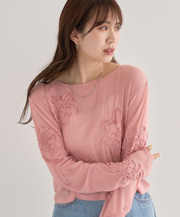 Green Parks「・ELENCARE DUE コード刺繍シアーロンT」|Tシャツ・カットソー|Pink