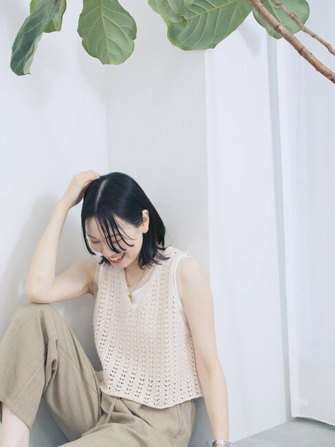 Samansa Mos2 blue「テープヤーン透かしニットベスト」|ニット・セーター|