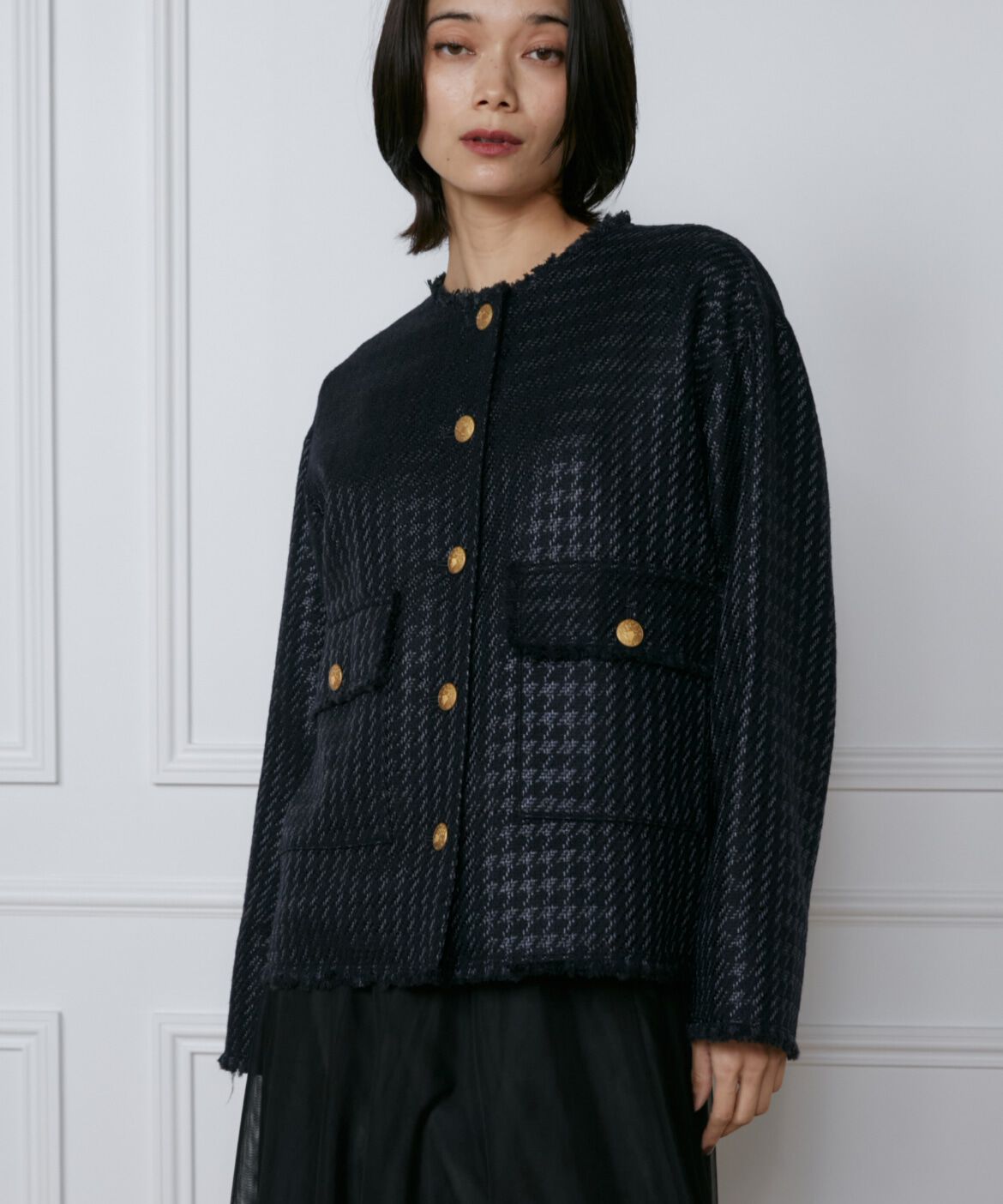 INED「ロービングツイードノーカラージャケット《PONTETORTO》」|ノーカラージャケット|ネイビー