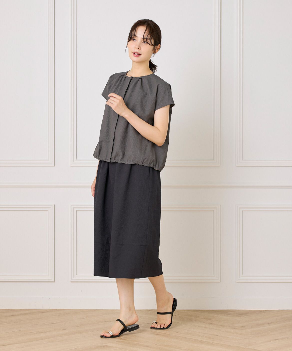 7-IDconcept.「《大きいサイズ》サッカーチェック 切り替えギャザースカート」|台形|