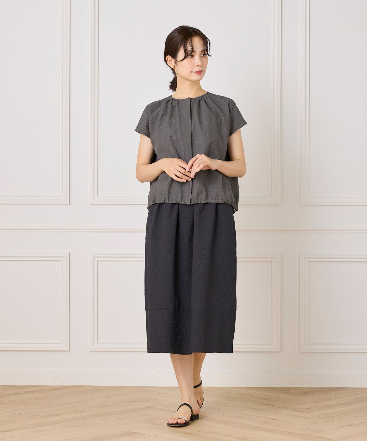 7-IDconcept.「《大きいサイズ》サッカーチェック フレンチスリーブブラウス」|シャツ・ブラウス|