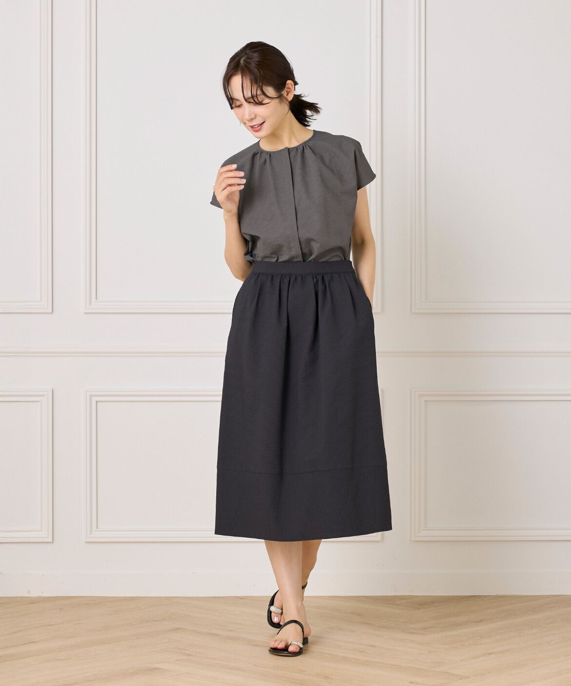 7-IDconcept.「《大きいサイズ》サッカーチェック フレンチスリーブブラウス」|シャツ・ブラウス|