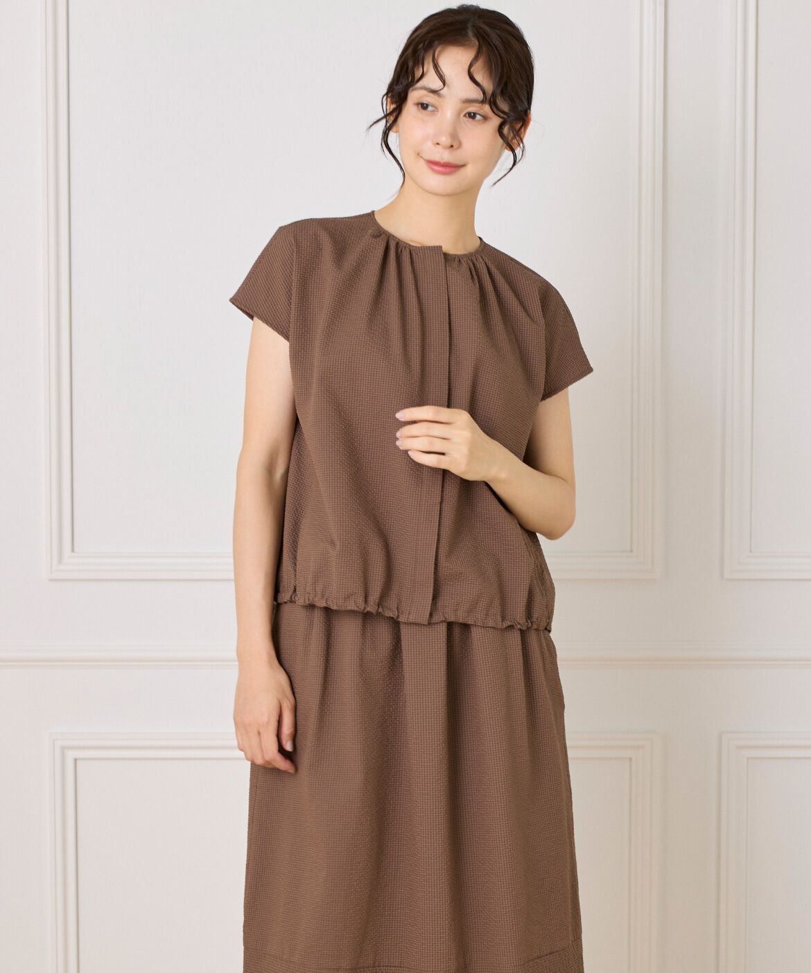 7-IDconcept.「《大きいサイズ》サッカーチェック フレンチスリーブブラウス」|シャツ・ブラウス|