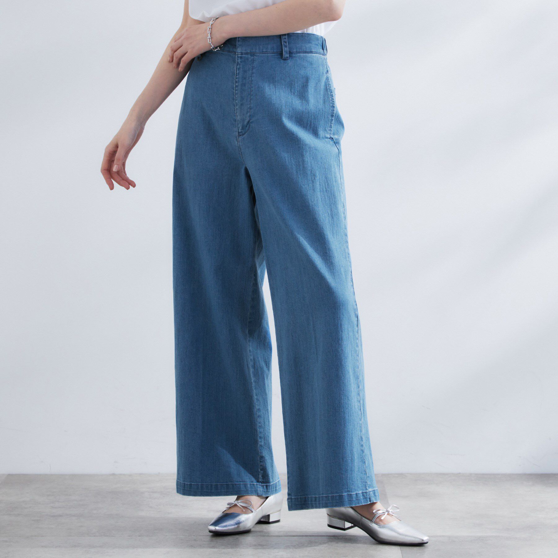 grove「【冷感】ストレッチデニムワイドパンツ」|デニム|ブルー(093)