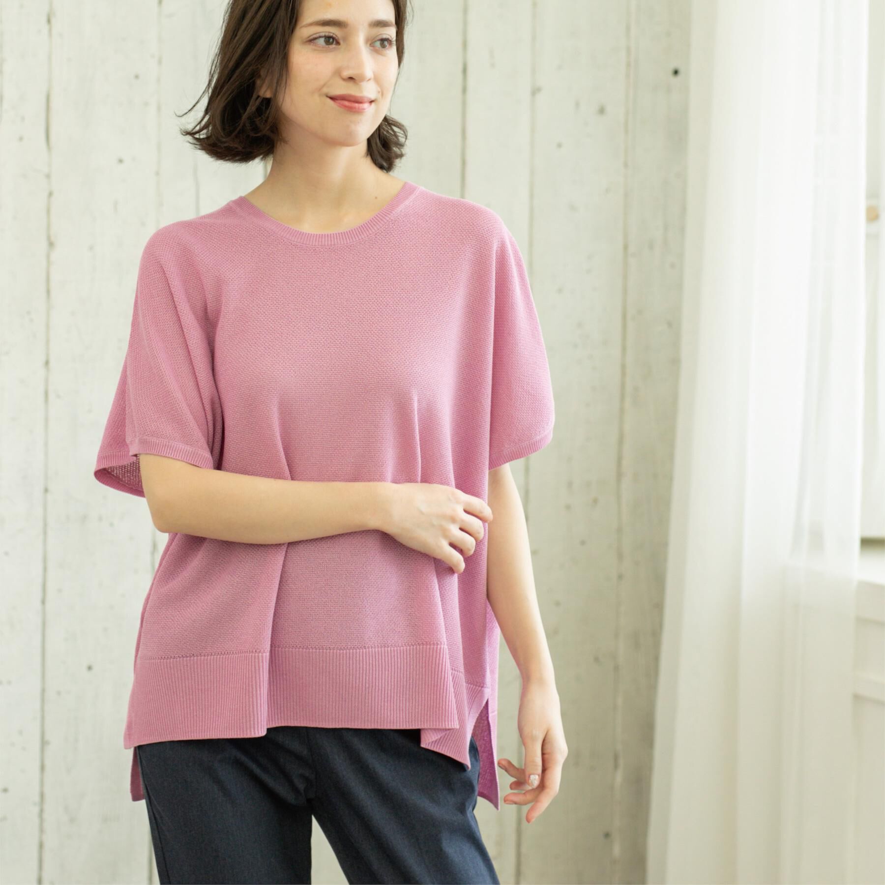 OPAQUE.CLIP「《5色展開/S-LLサイズ》リラクシーメッシュニット【洗濯機洗い可】」|ニット・セーター|ライトピンク(070