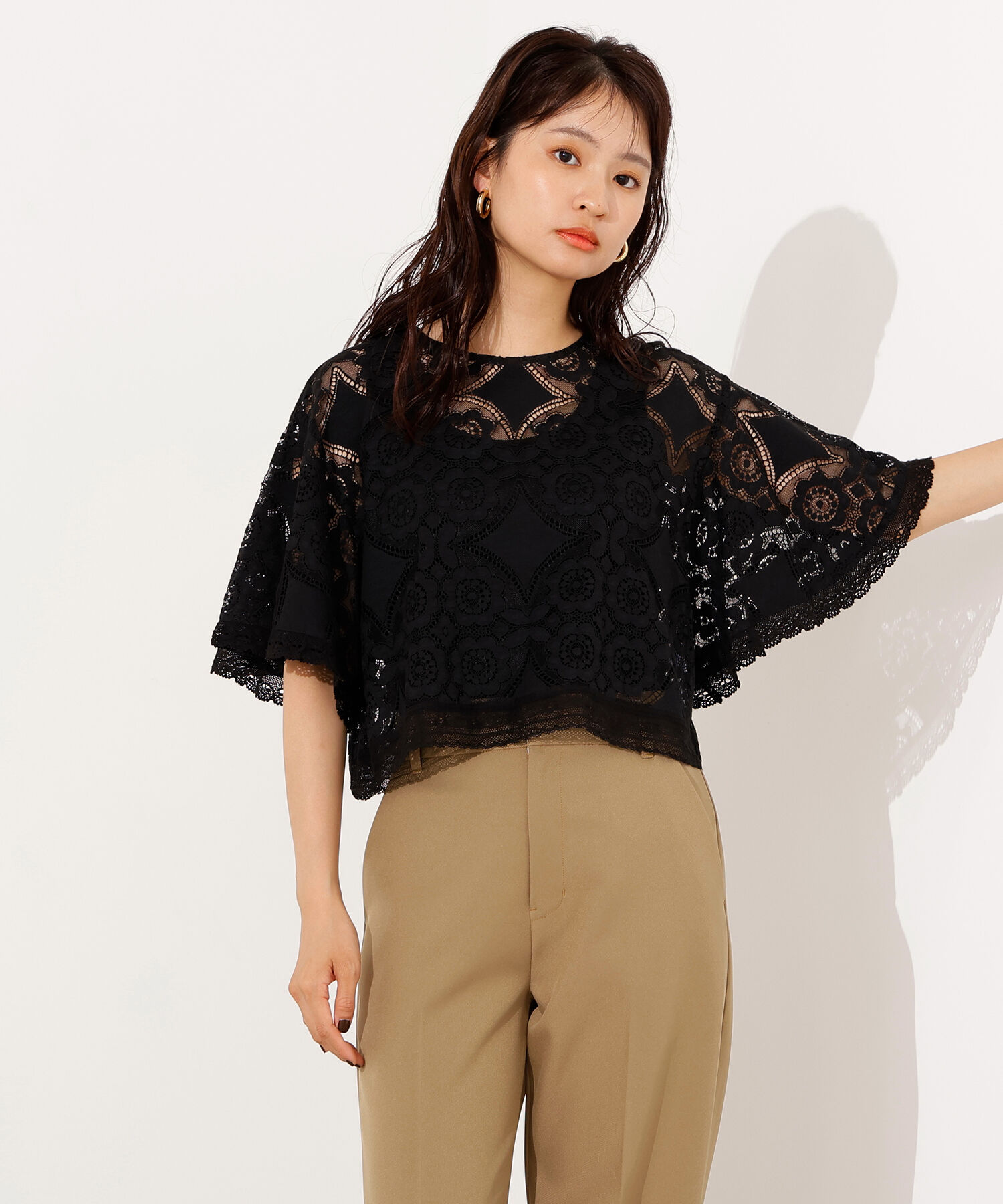  「レースフレアスリーブブラウス」|シャツ・ブラウス|ブラック
