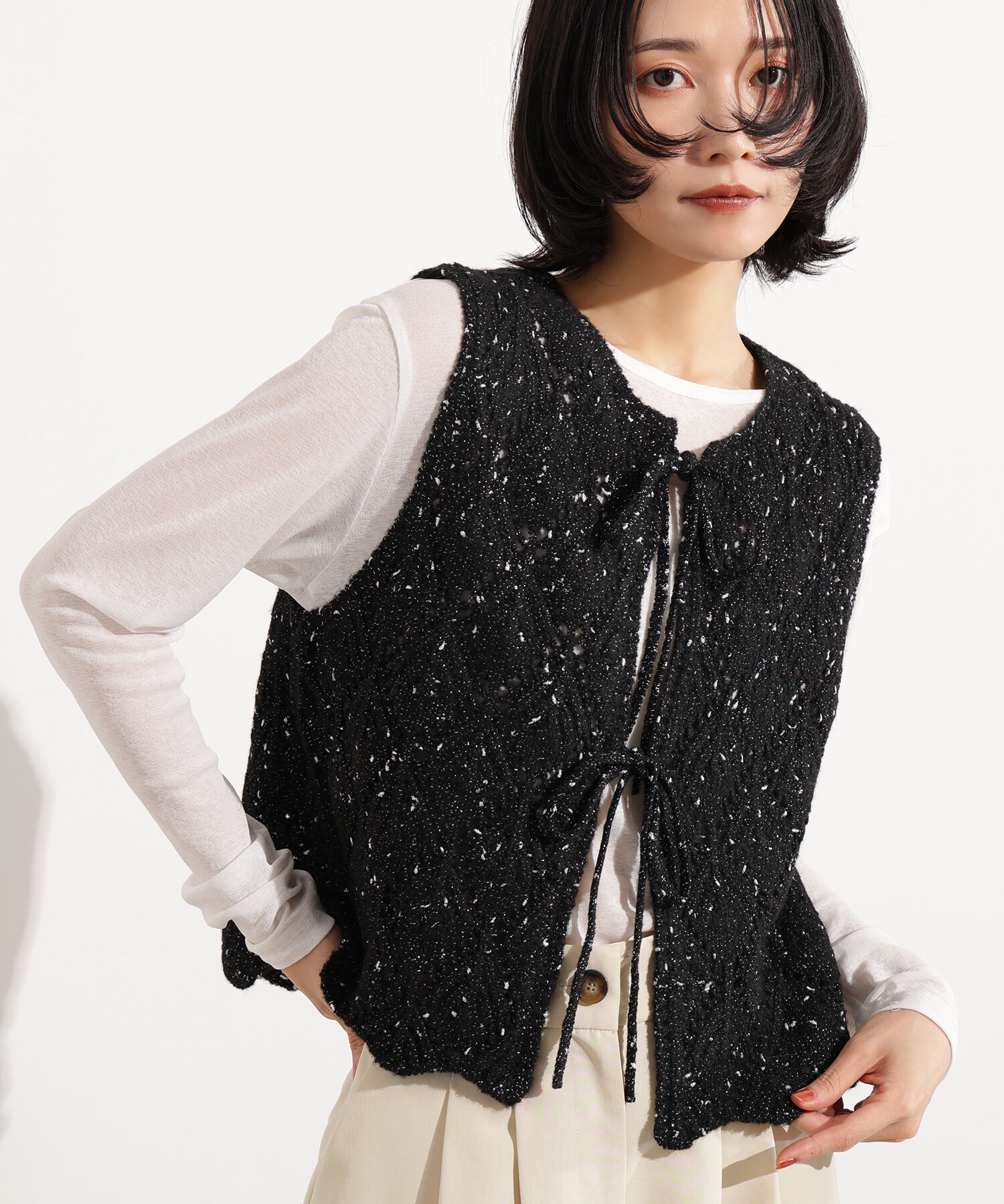 「ラメネップ透かし編みジレ」|ニット・セーター|ブラック