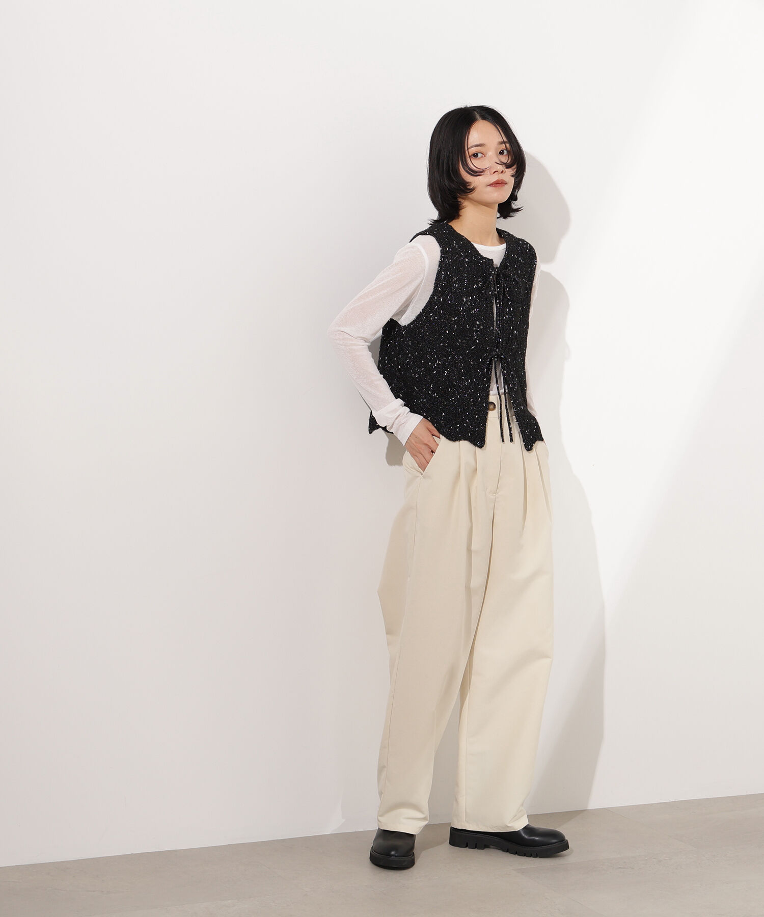  「ラメネップ透かし編みジレ」|ニット・セーター|