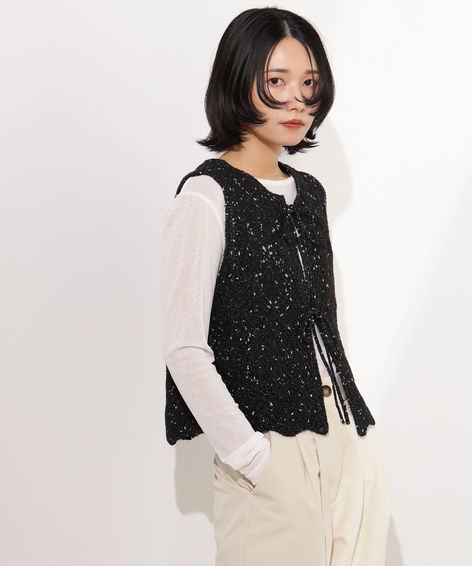  「ラメネップ透かし編みジレ」|ニット・セーター|