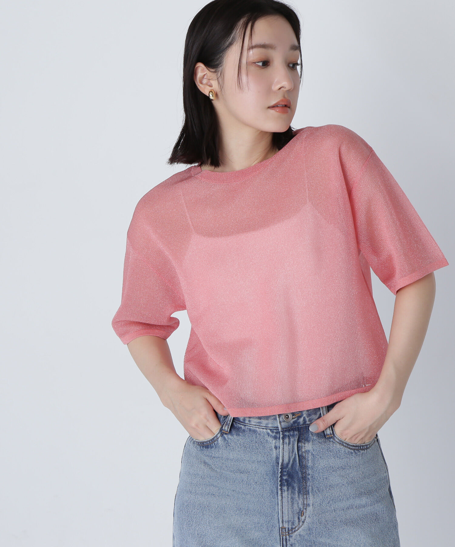  「クロップドシアーニットTシャツ」|ニット・セーター|コーラルレッ