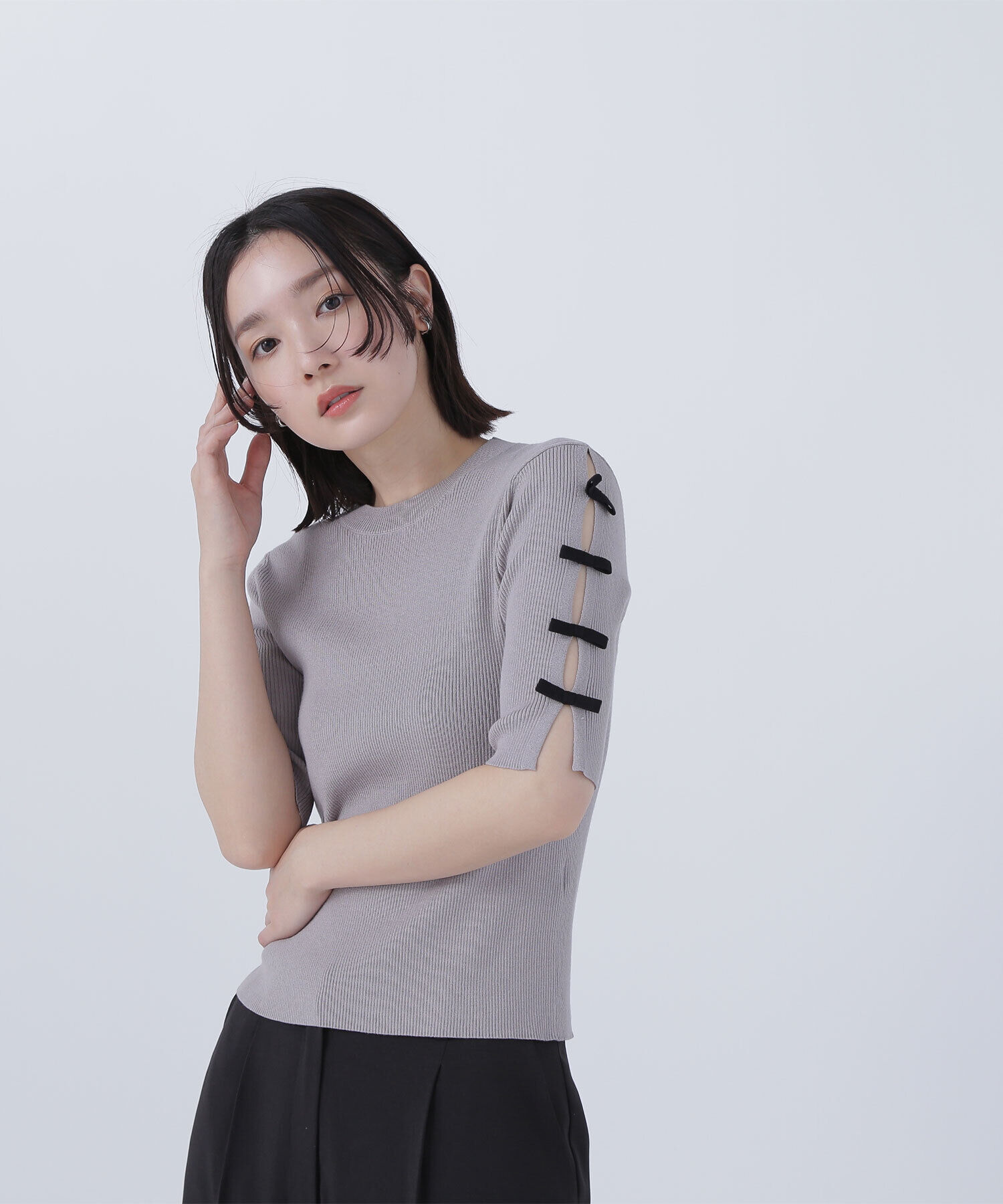  「リボンスリーブニット」|ニット・セーター|グレー&times;クロ2