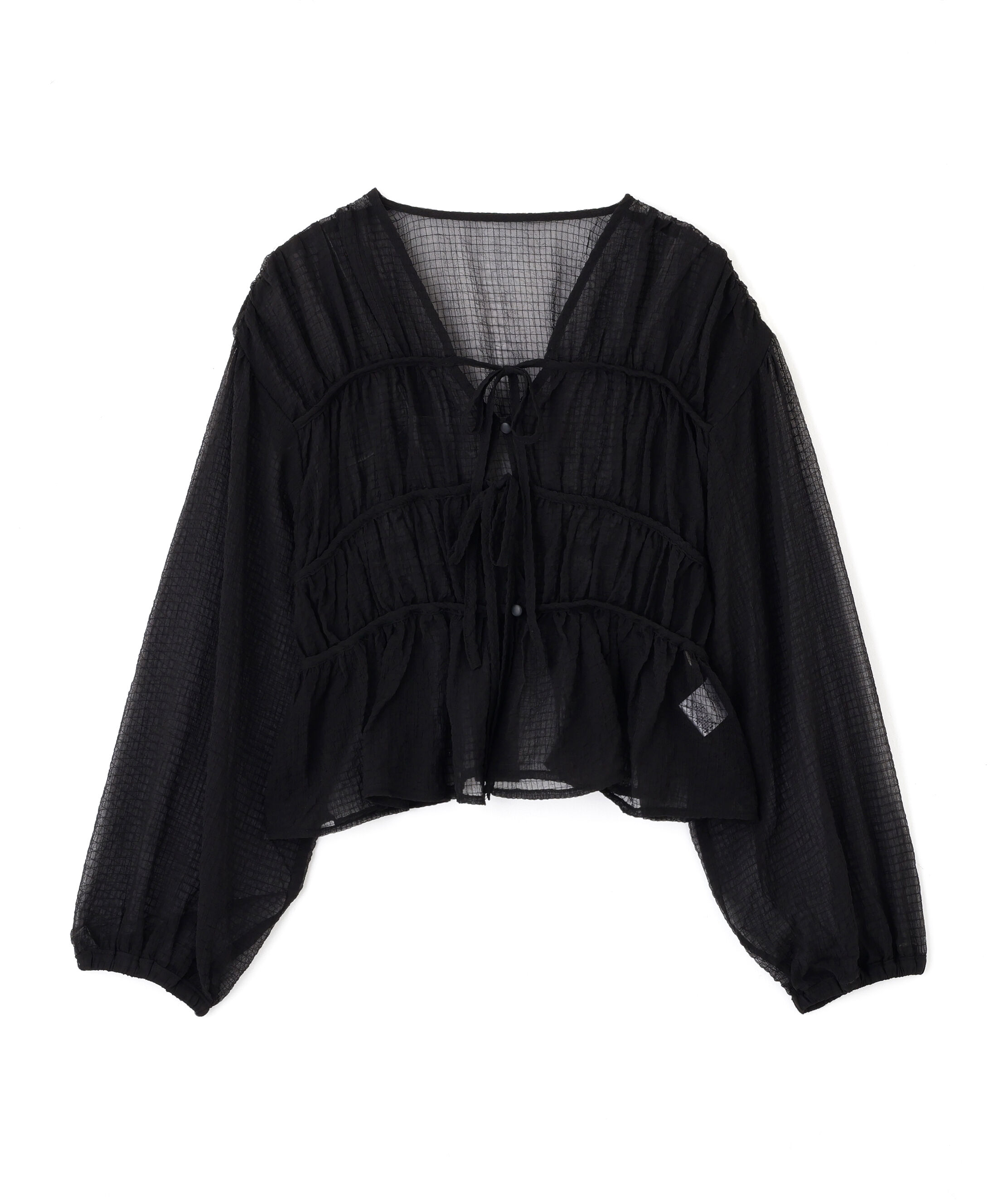  「シアーチェックギャザーリボン開きブラウス」|シャツ・ブラウス|