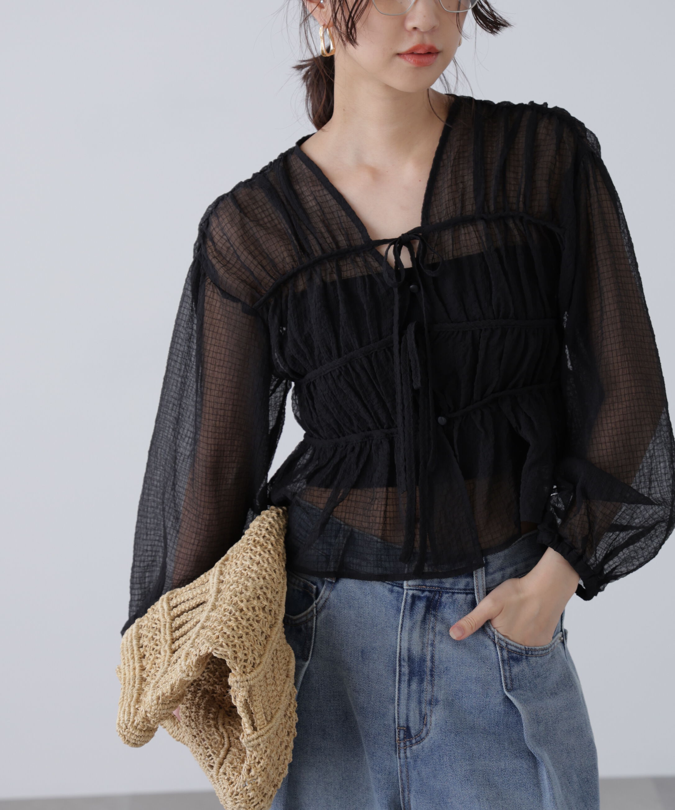  「シアーチェックギャザーリボン開きブラウス」|シャツ・ブラウス|