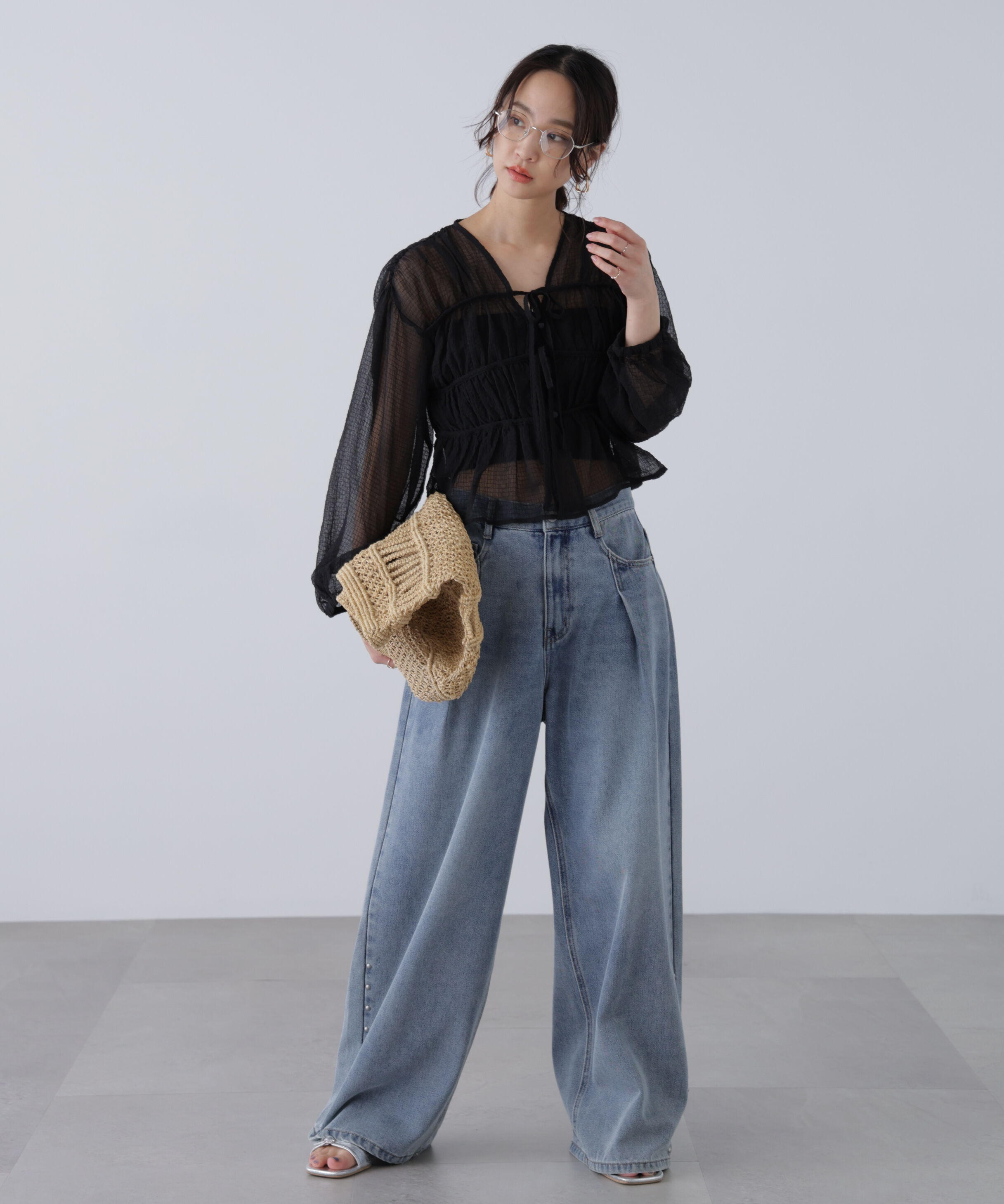  「シアーチェックギャザーリボン開きブラウス」|シャツ・ブラウス|