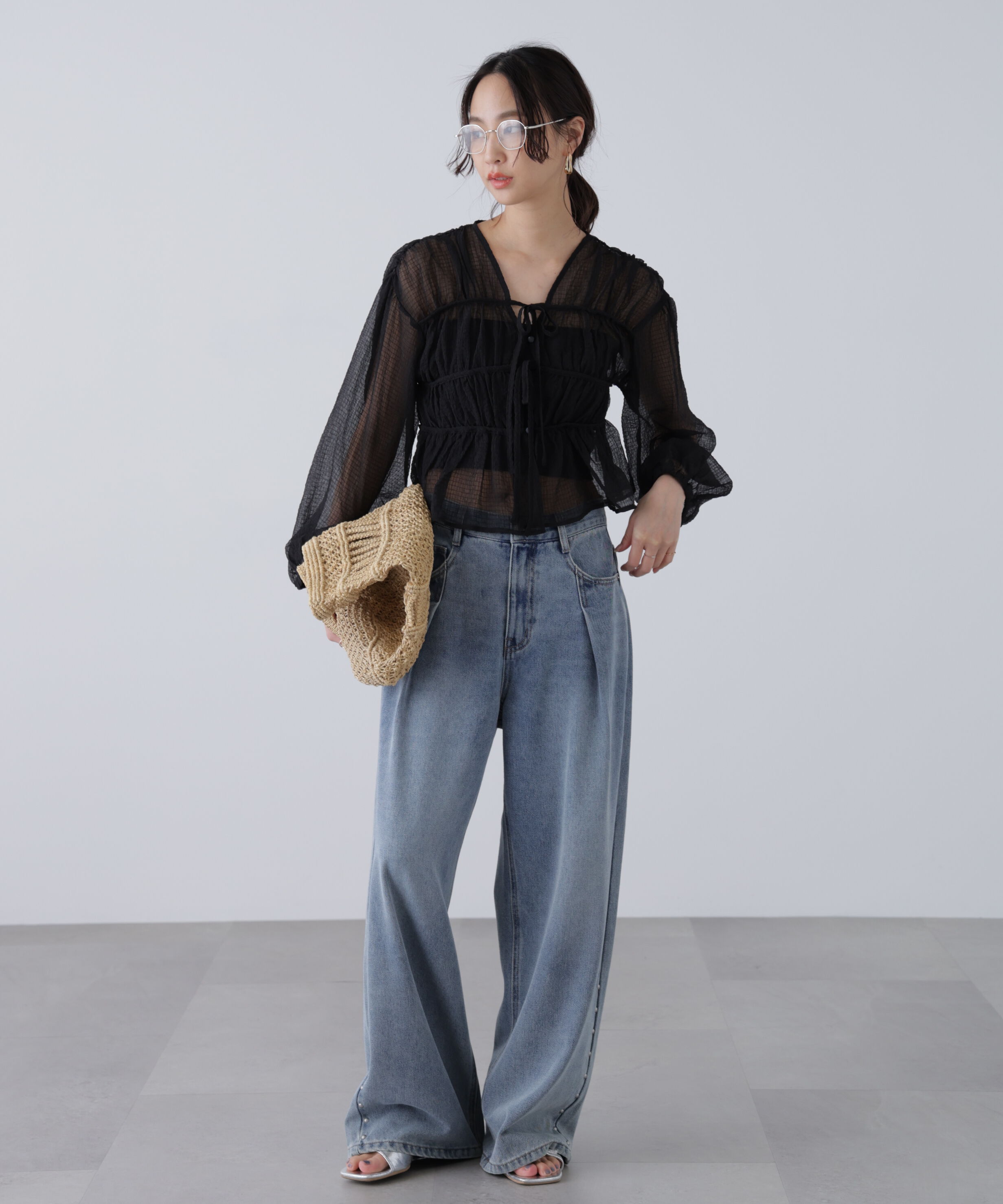  「シアーチェックギャザーリボン開きブラウス」|シャツ・ブラウス|