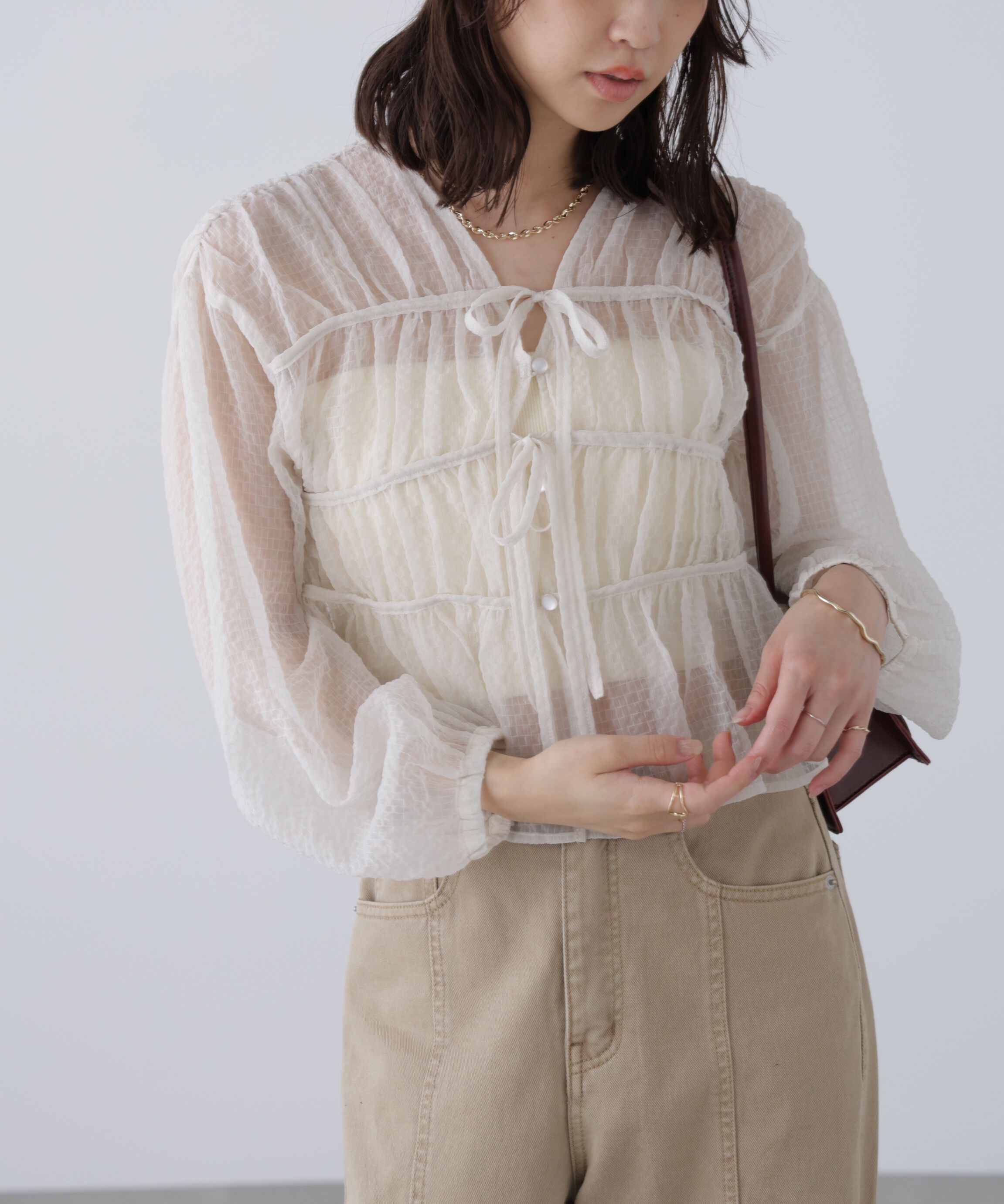  「シアーチェックギャザーリボン開きブラウス」|シャツ・ブラウス|