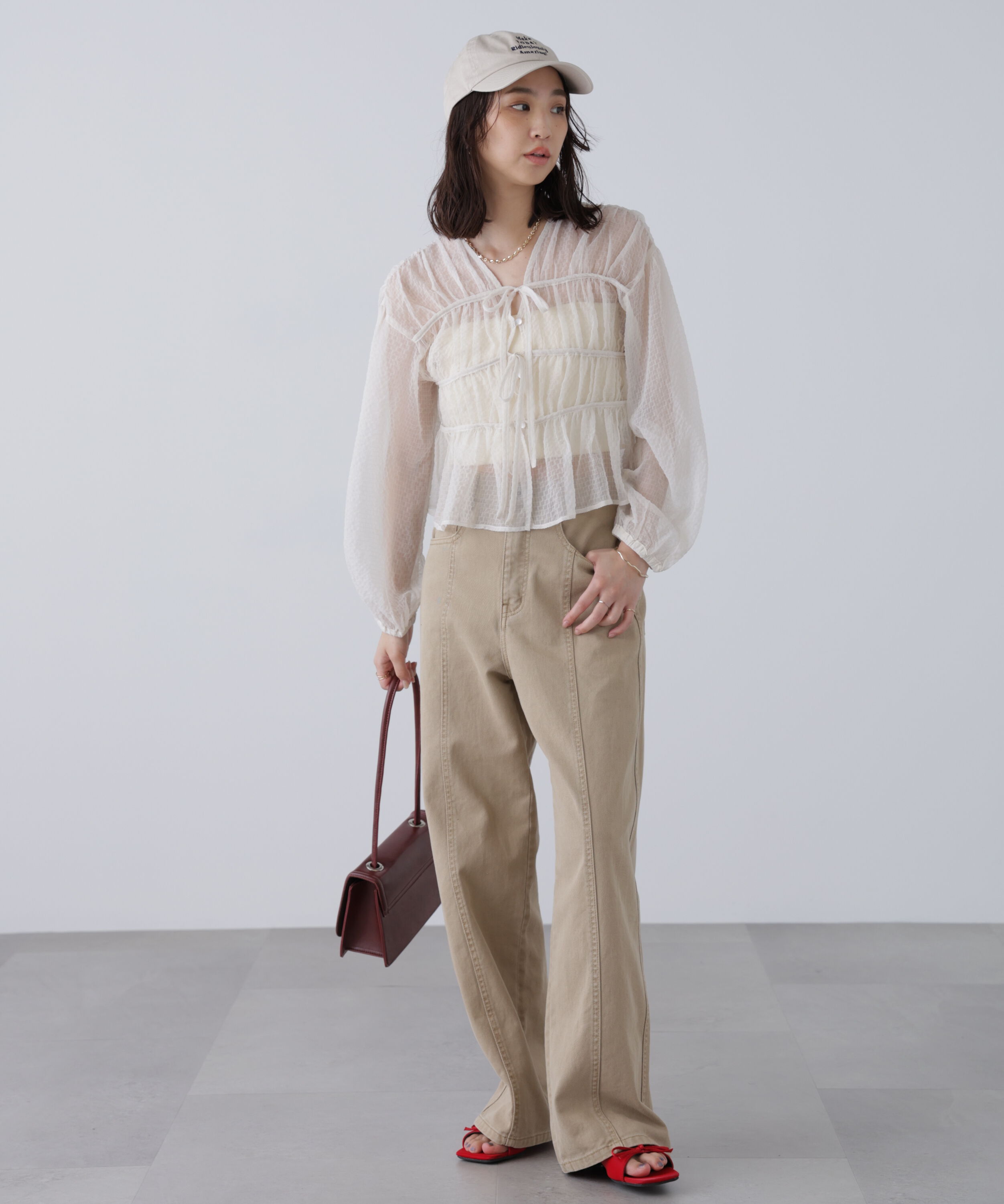  「シアーチェックギャザーリボン開きブラウス」|シャツ・ブラウス|