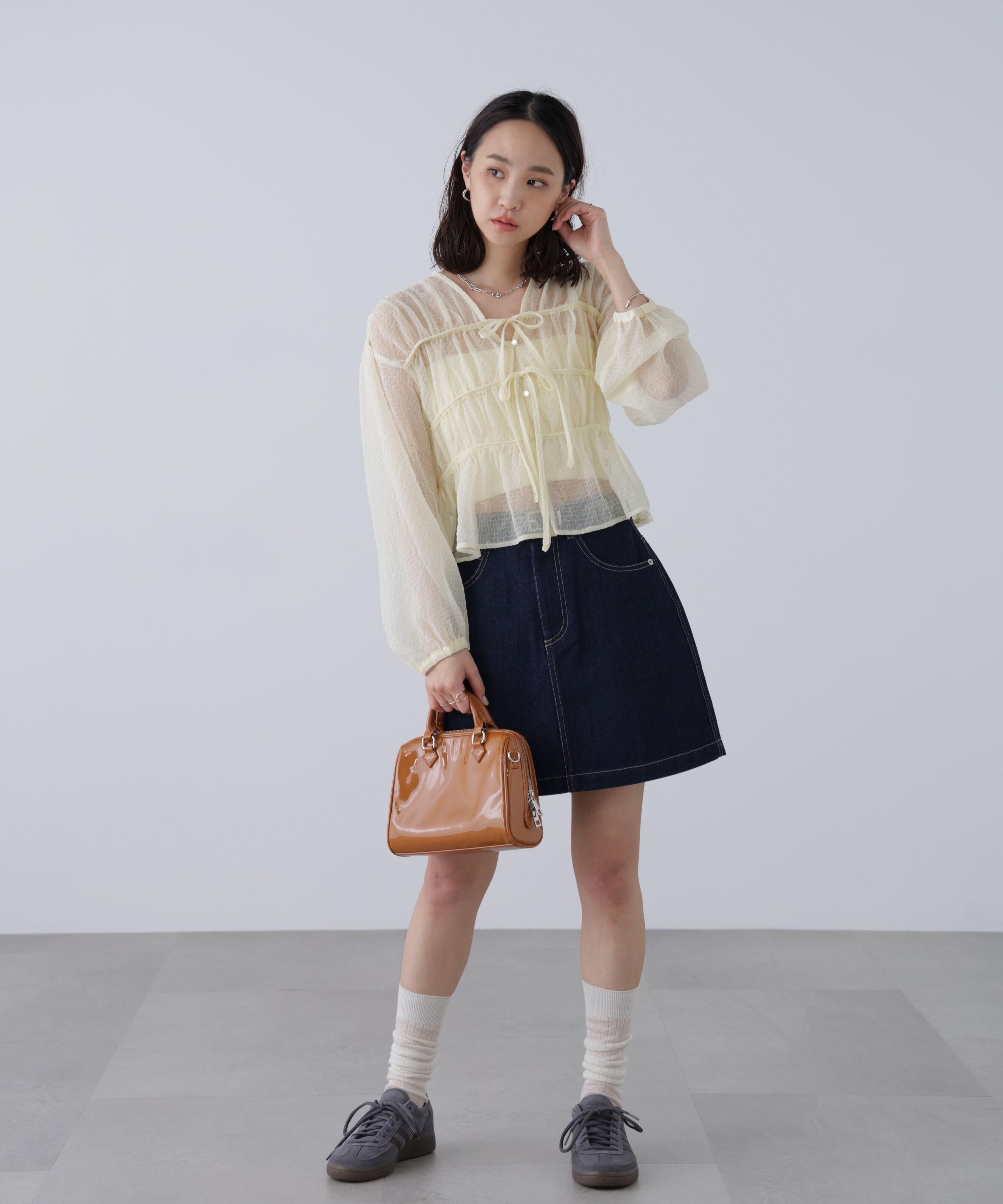  「シアーチェックギャザーリボン開きブラウス」|シャツ・ブラウス|