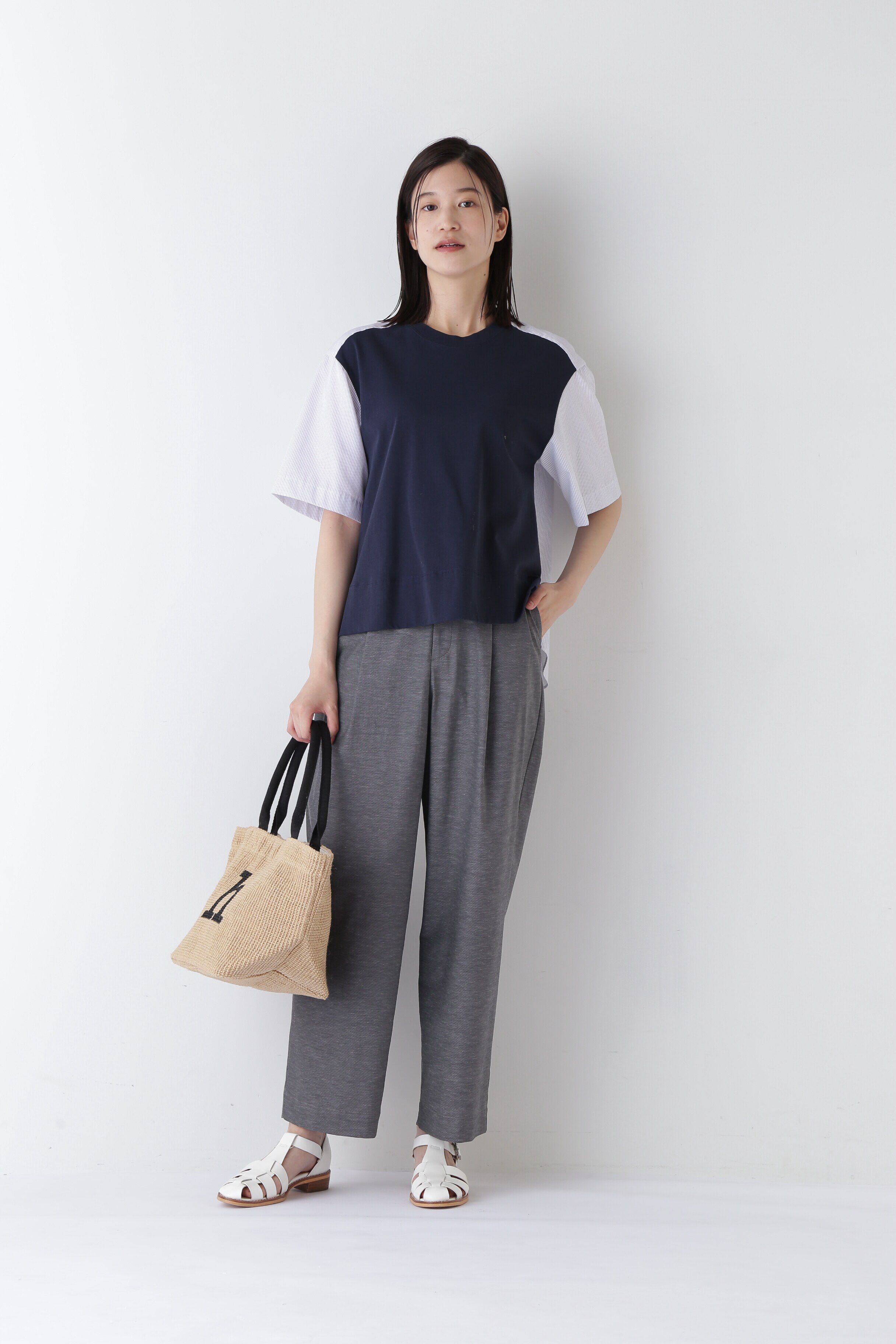  「◆ストライプ布帛コンビＴシャツ」|Tシャツ・カットソー|