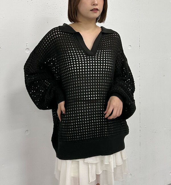 archives「透かしスキッパーポロニット」|ニット・セーター|CHARCOAL GRAY