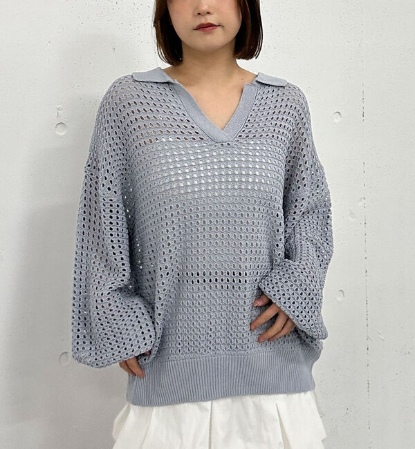 archives「透かしスキッパーポロニット」|ニット・セーター|BLUE