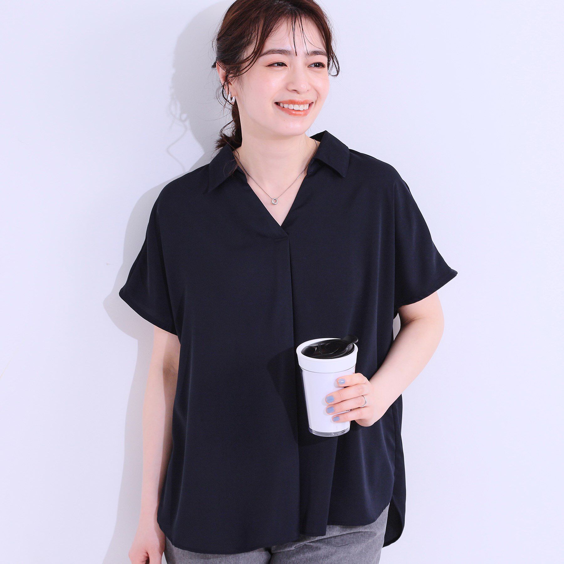 SHOO･LA･RUE「【洗える/S-LL/プチプラ】さらっとすっきりきれい見え スキッパーブラウス」|シャツ・ブラウス|ネイビー(094)
