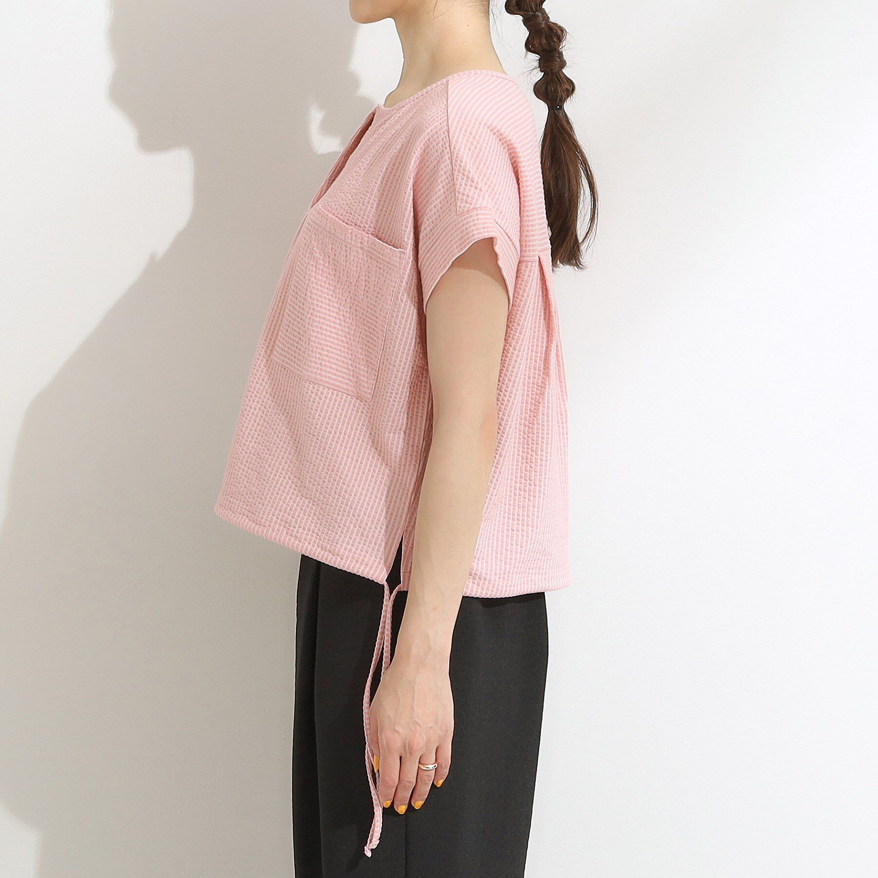 SHOO･LA･RUE「【洗える/S-LL】シルエット変化を楽しめる サッカーストライプ柄スキッパートップス」|Tシャツ・カットソー|