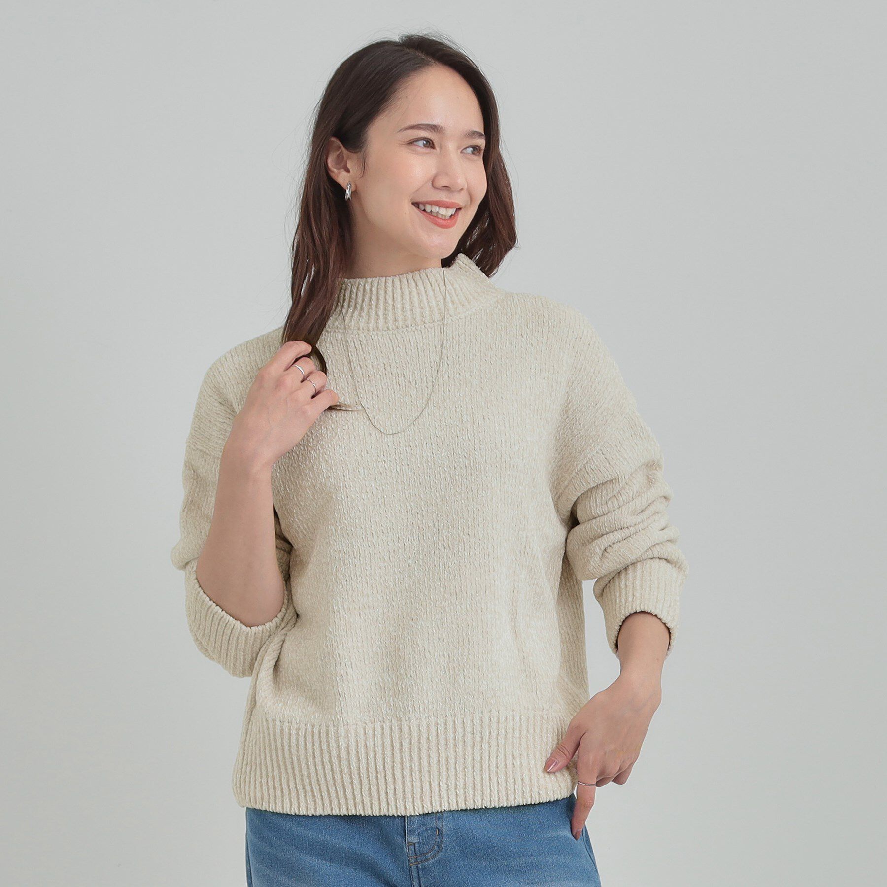 SHOO･LA･RUE「【S-LL】ほんのりラメで女性らしい ベロアモールモックネックニット」|ニット・セーター|