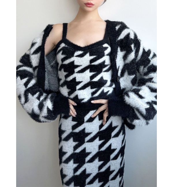 RESEXXY「ハウンドトゥースシャギーニットカーディガン【セットアップ着用可能】」|カーディガン|ブラック