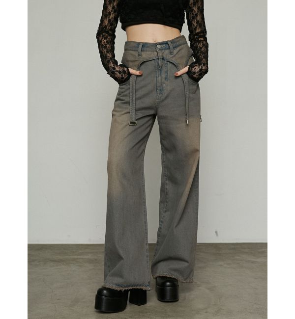 EMODA「サスペンダーワイドジーンズ」|デニム|グレー