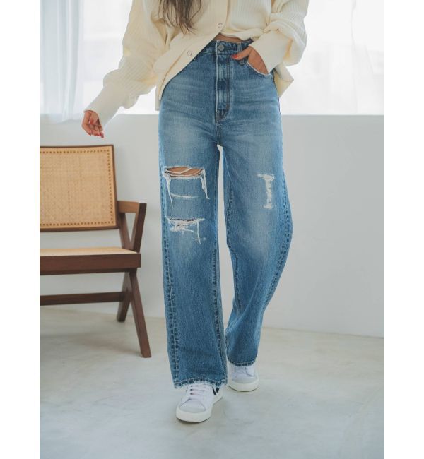 Ungrid「ハイウエストルーズクラッシュストレートデニム」|デニム|ブルー