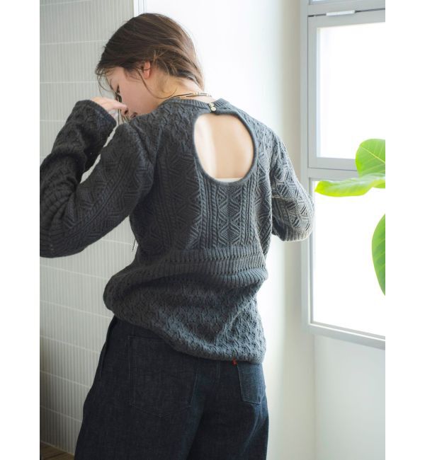 Ungrid「バックオープン透かし編みニット」|ニット・セーター|チャコールグレー